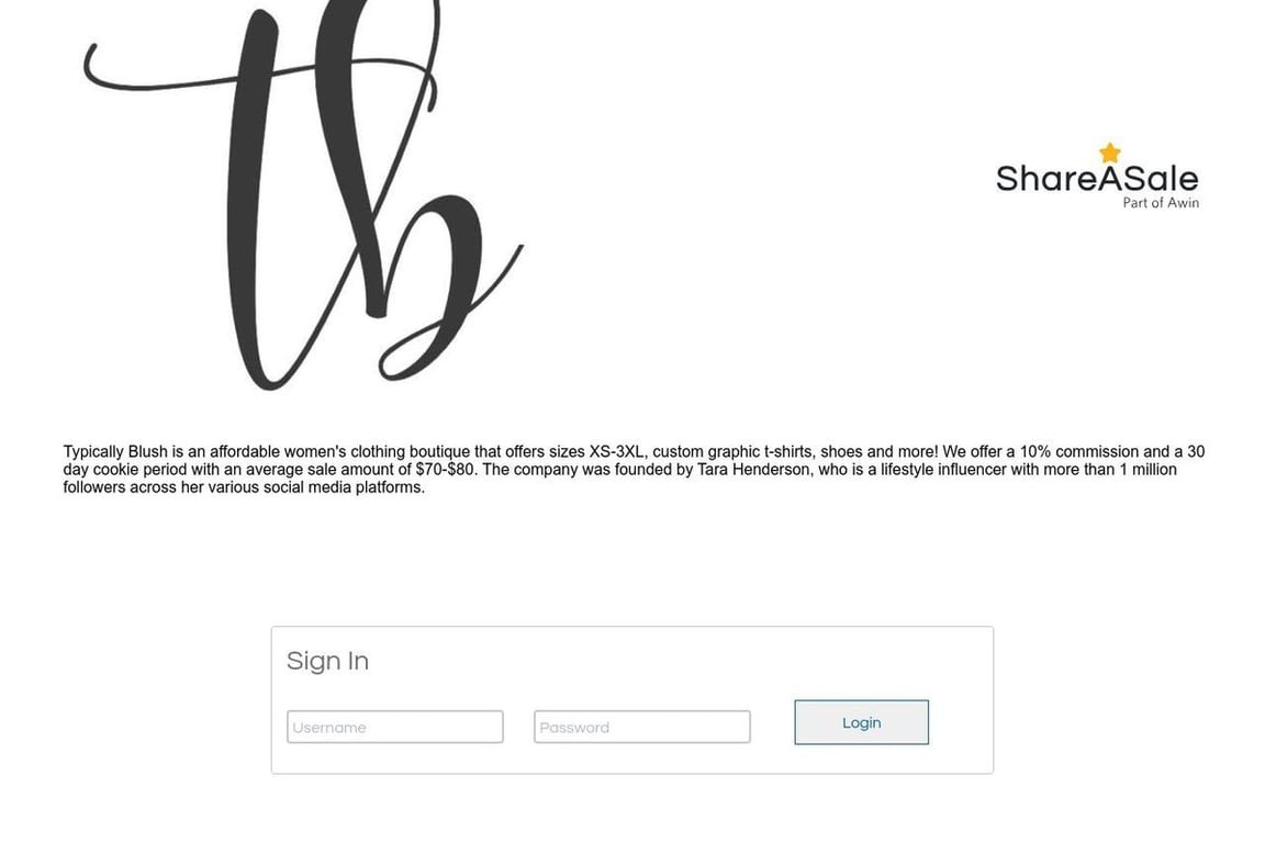 Typically Blush affiliate program signup page
