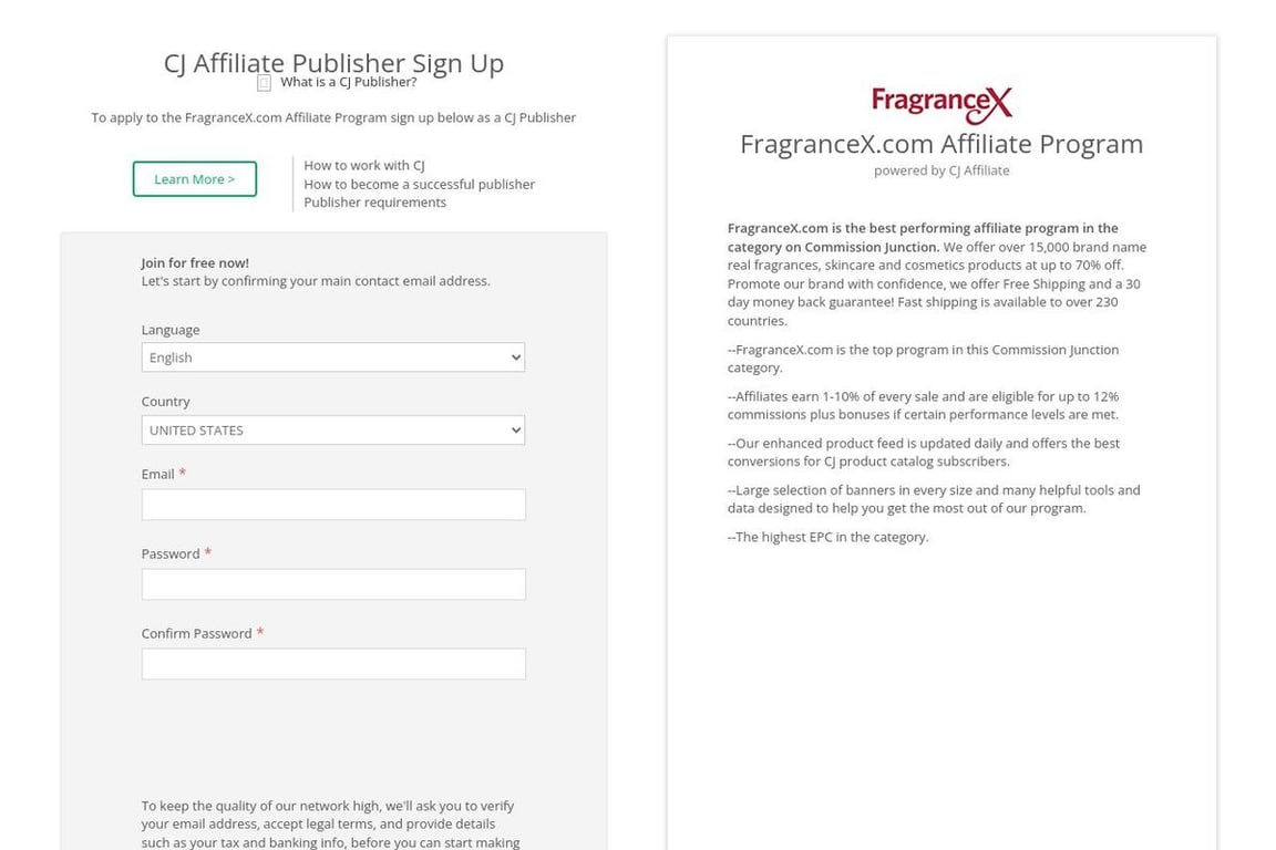 FragranceX affiliate program signup page