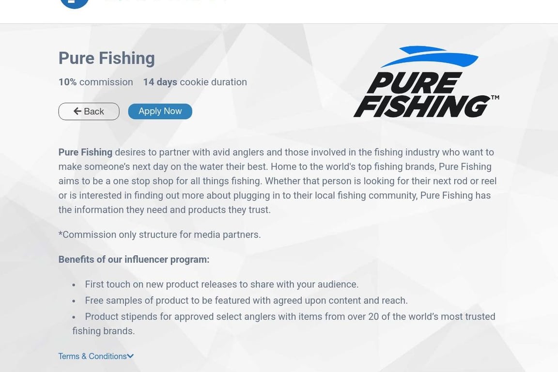 Pure Fishing affiliate program signup page