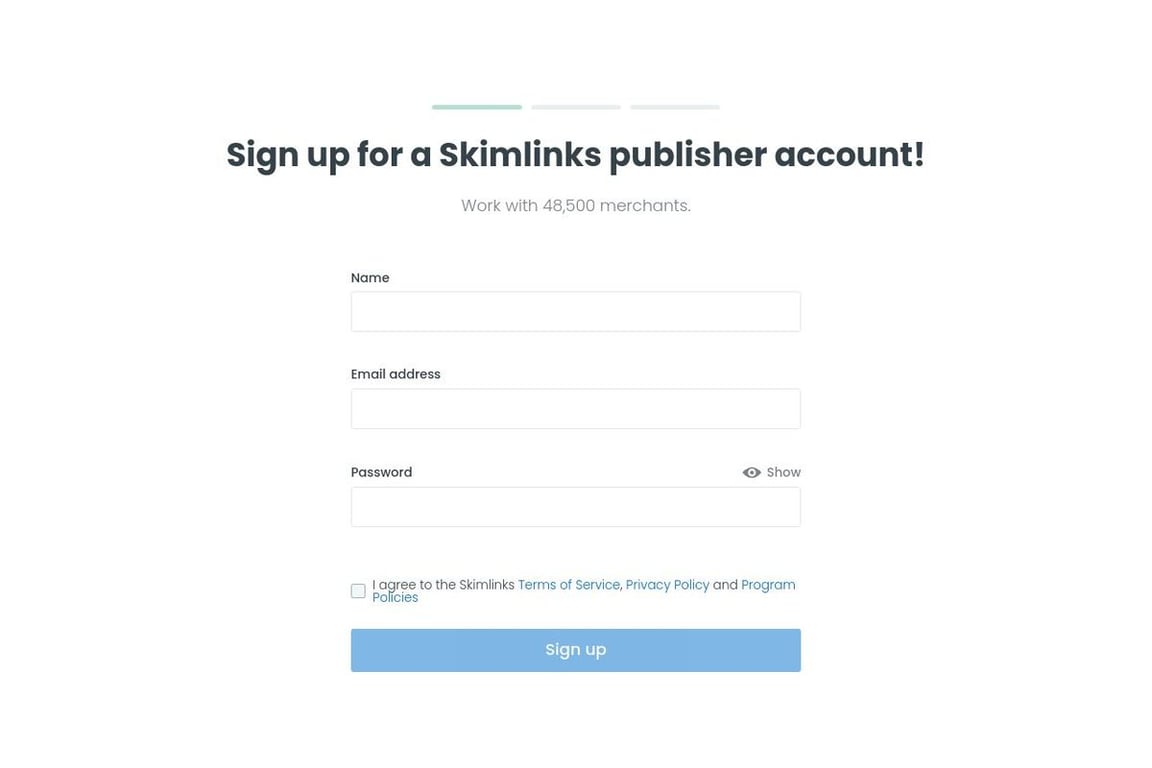 Skimlinks affiliate program signup page