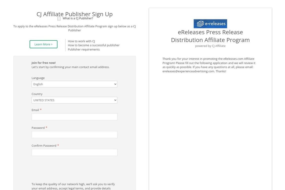 EReleases Press Release Distribution affiliate program signup page