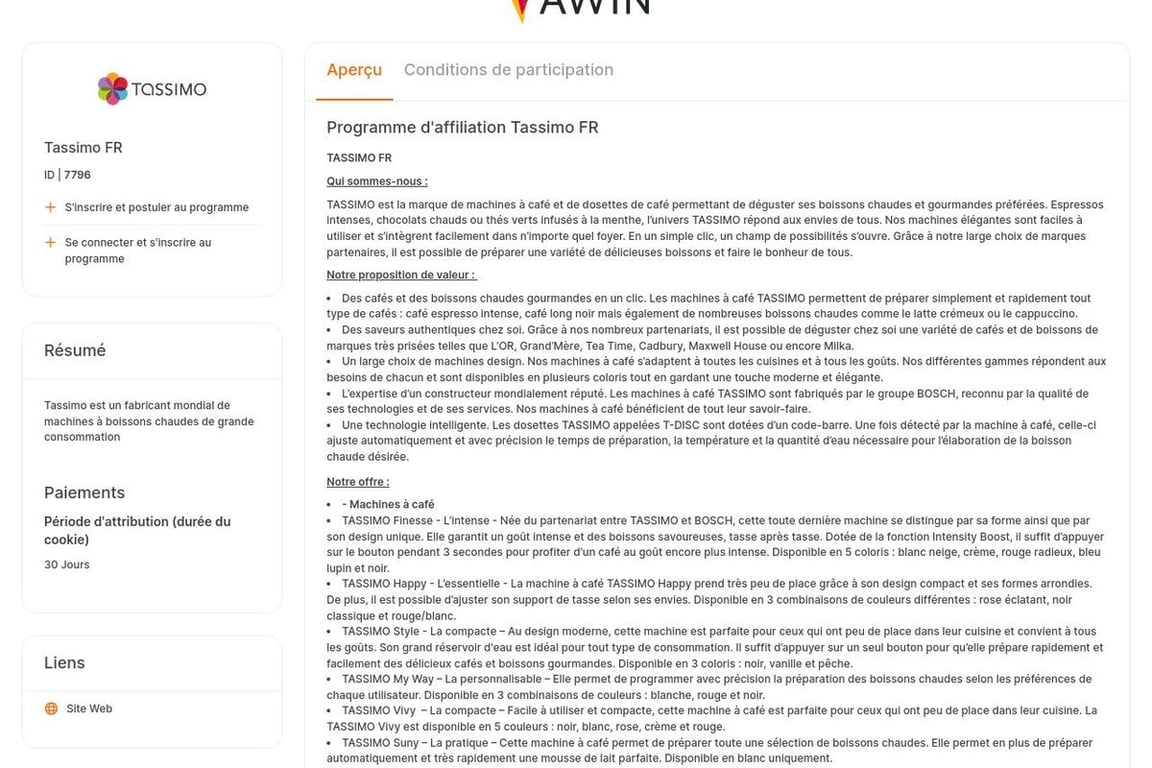 Tassimo FR affiliate program signup page