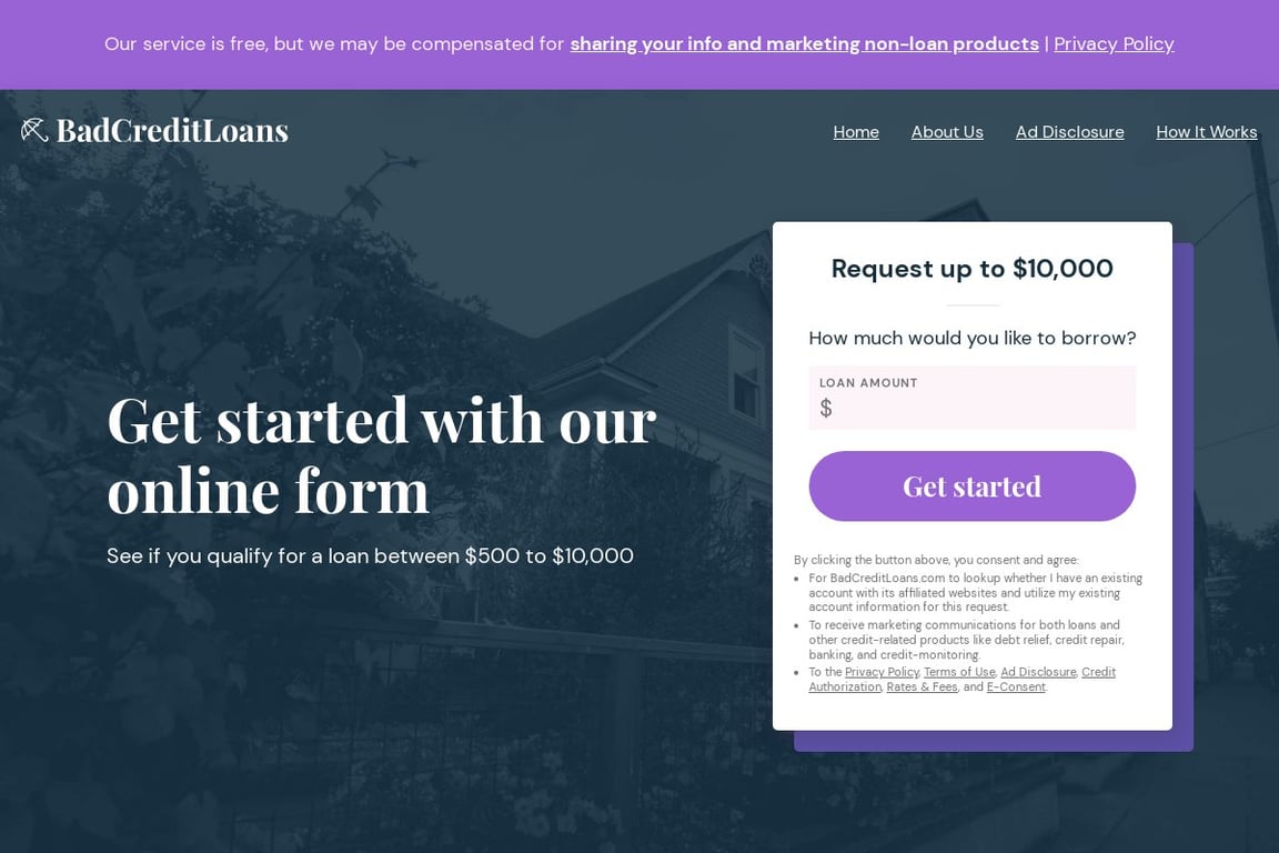 BadCreditLoans.com homepage