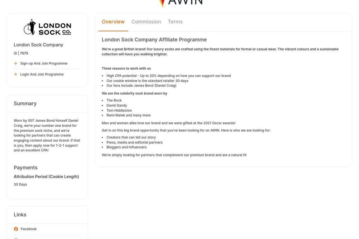 London Sock Company UK affiliate program signup page