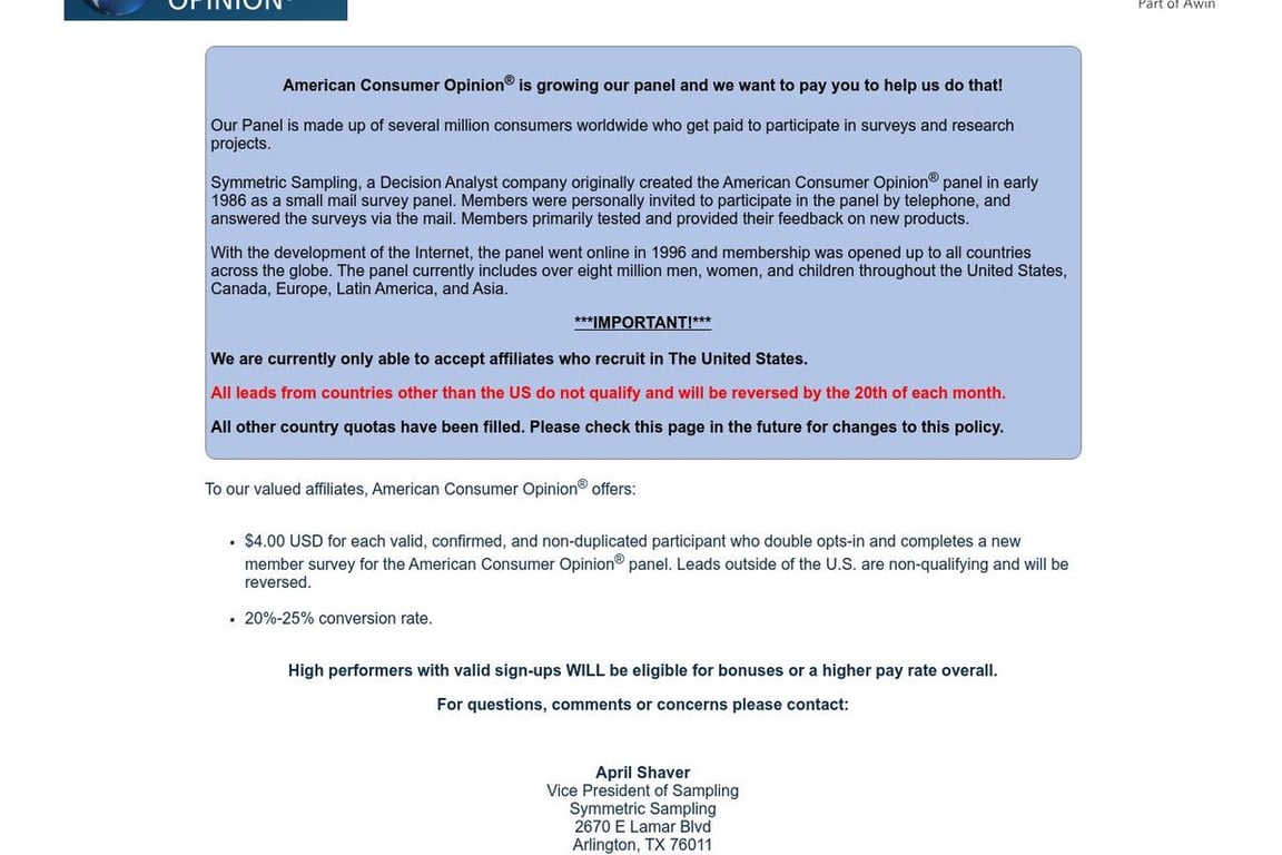 American Consumer Opinion affiliate program signup page