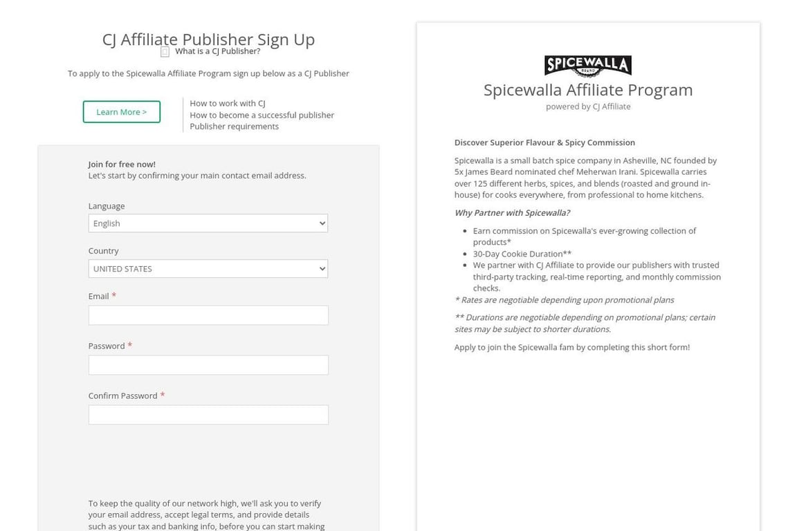 Spicewalla affiliate program signup page