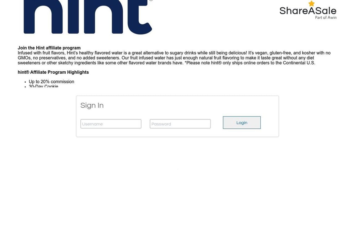 Hint Water affiliate program signup page
