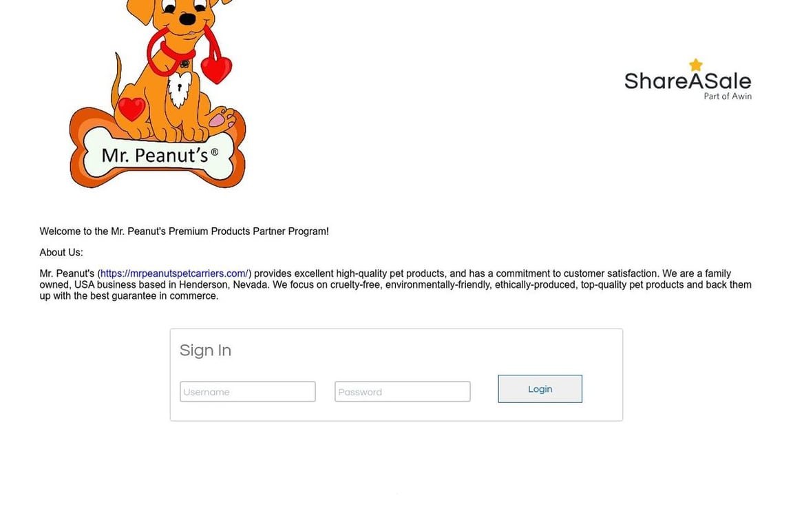 Mr. Peanut’s Premium Products affiliate program signup page