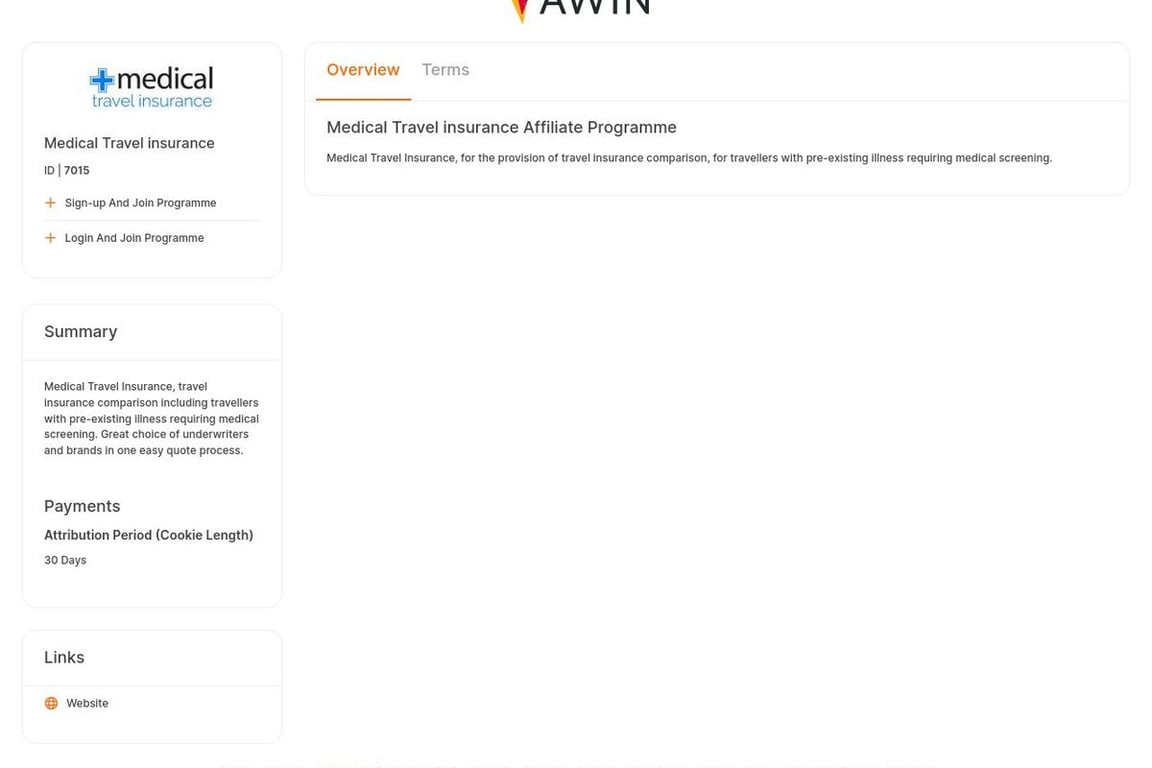 Medical Travel insurance UK affiliate program signup page