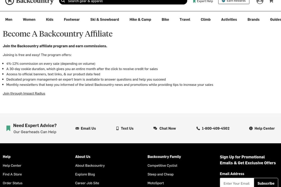 Backcountry affiliate program signup page