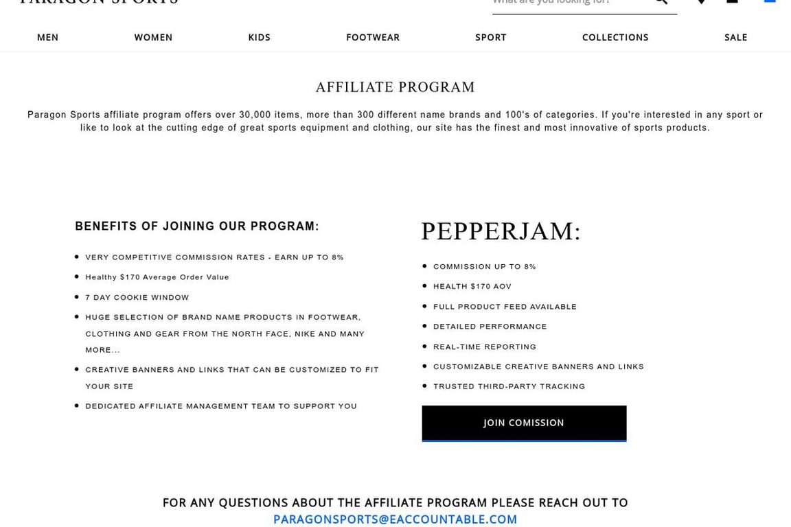 Paragon Sports affiliate program signup page