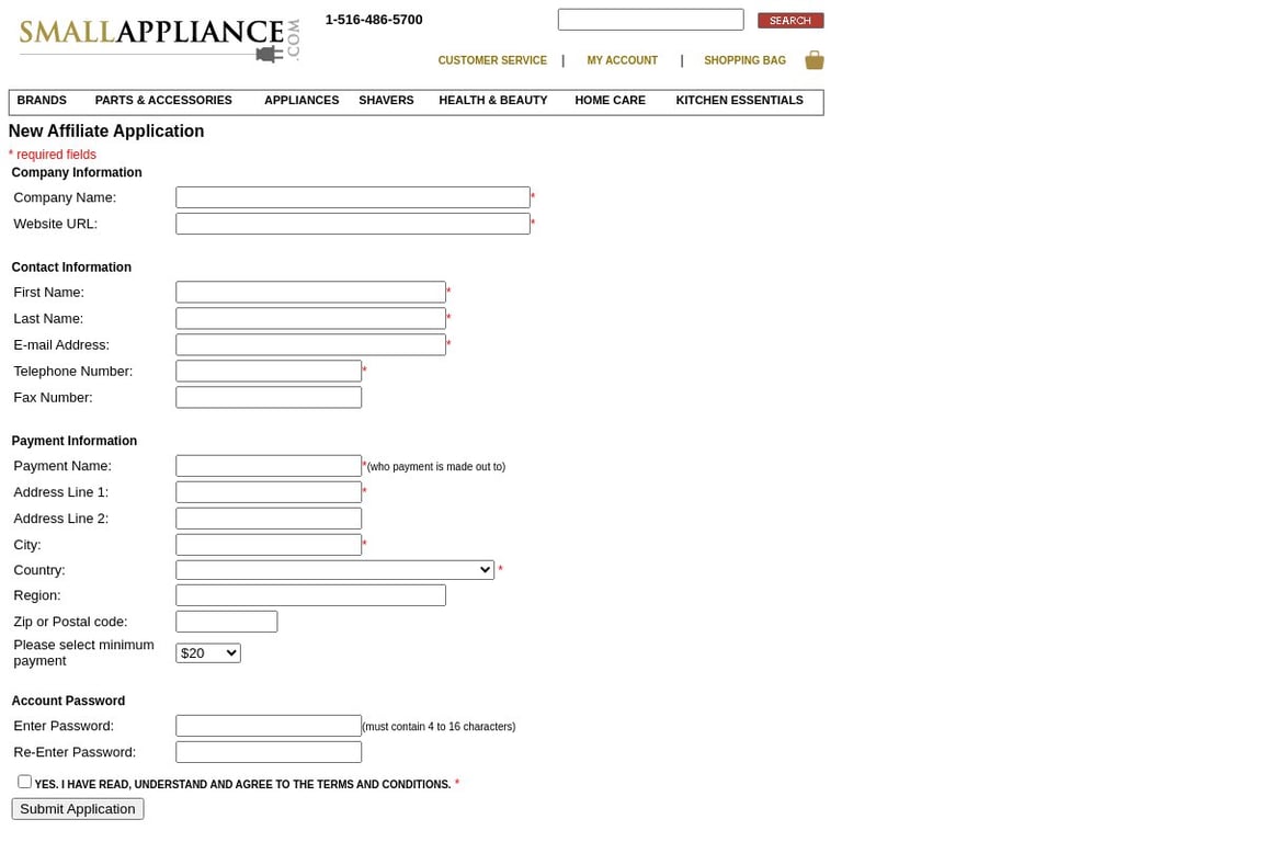 SmallAppliance.com affiliate program signup page