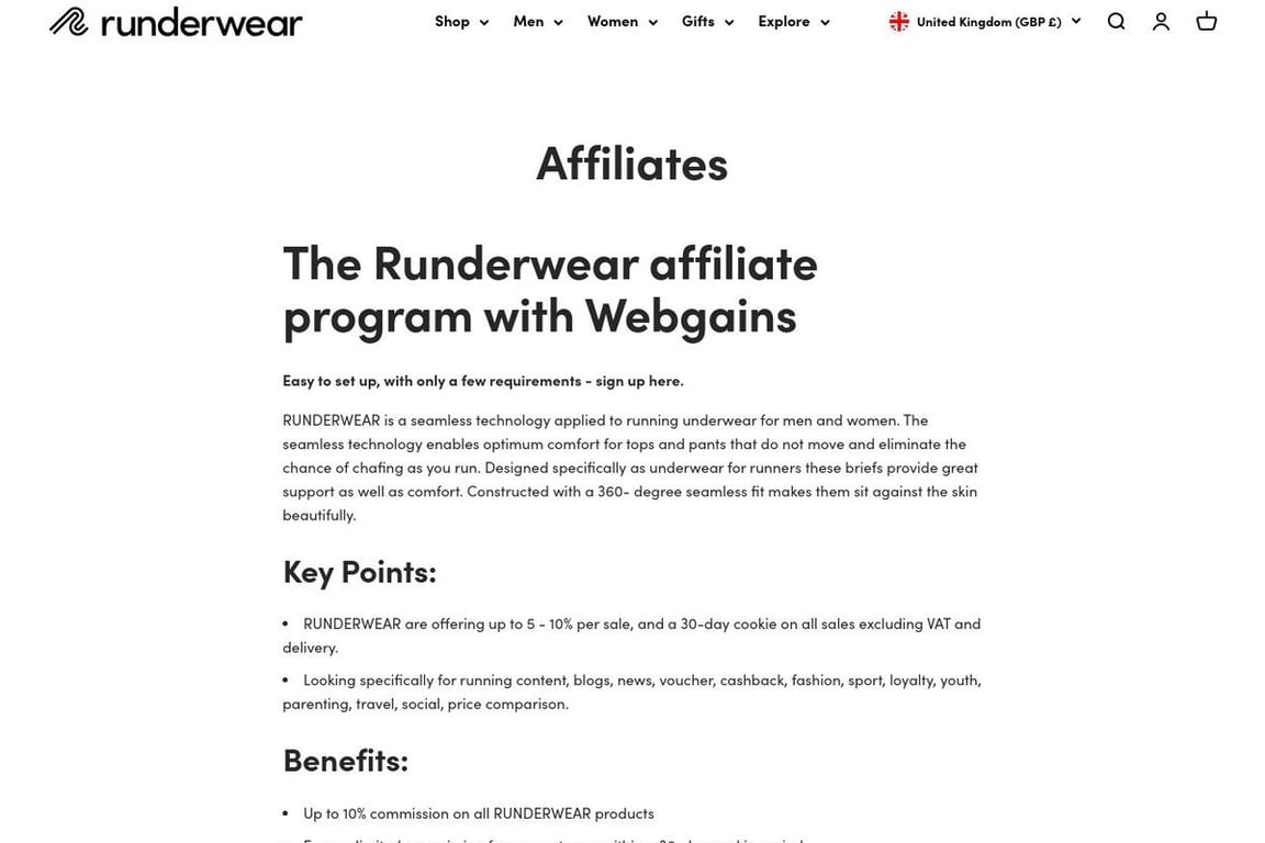 Runderwear affiliate program signup page
