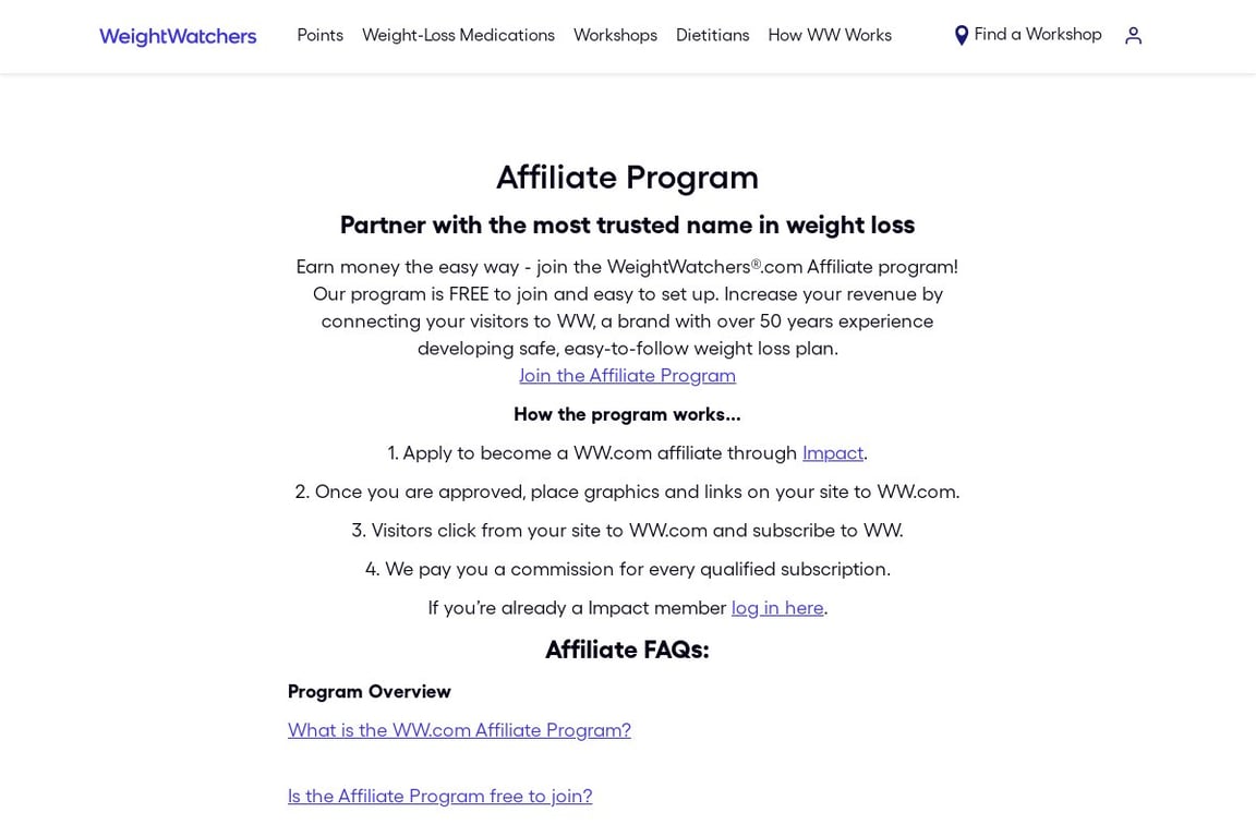 Weight Watchers affiliate program signup page