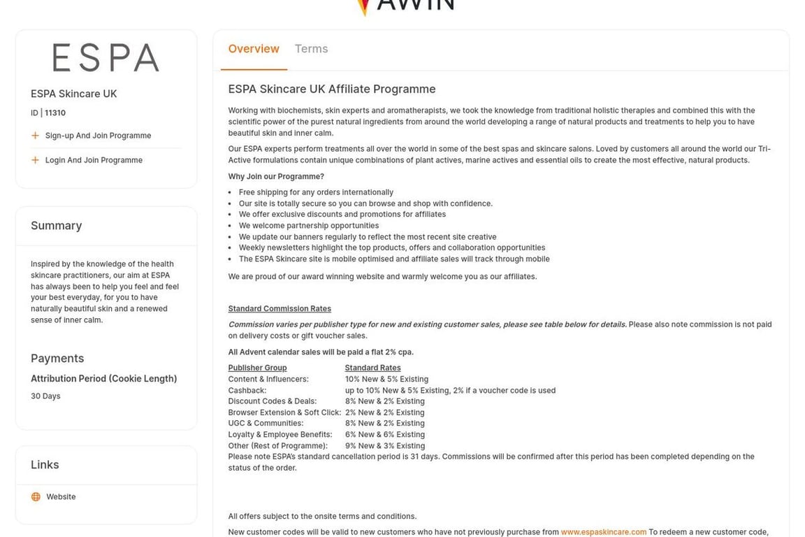 ESPA Skincare UK affiliate program signup page