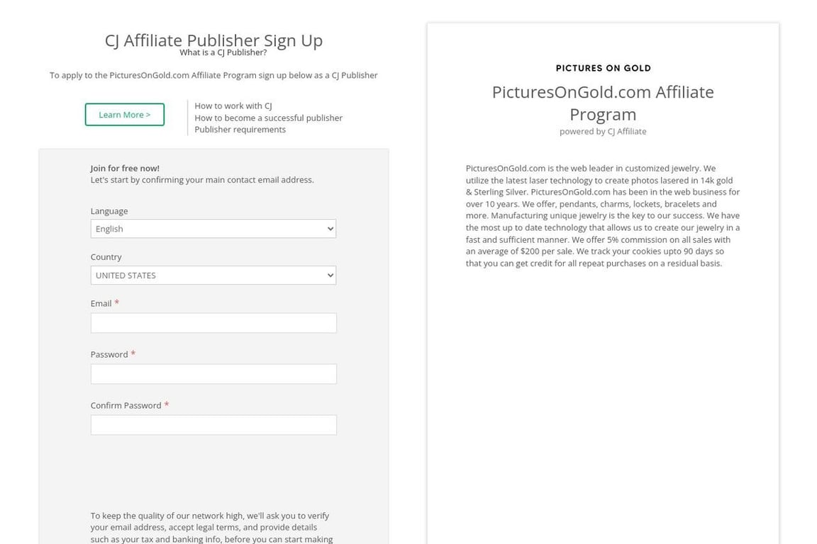 PicturesOnGold.com affiliate program signup page