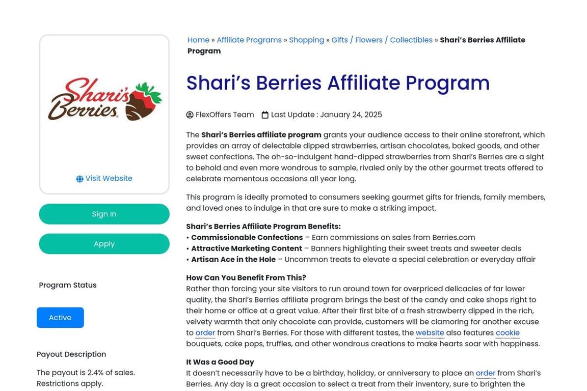 Shari’s Berries affiliate program signup page