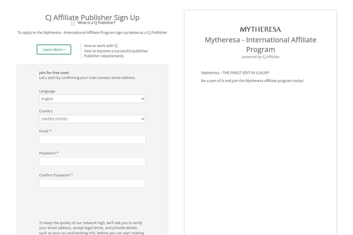 Mytheresa affiliate program signup page
