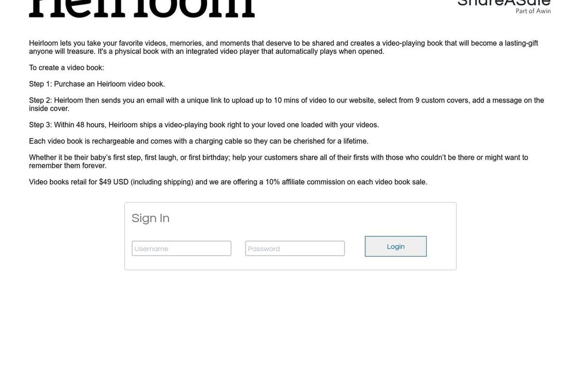 Heirloom affiliate program signup page