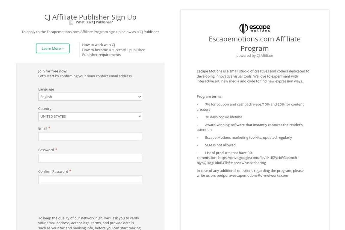 Escapemotions.com affiliate program signup page