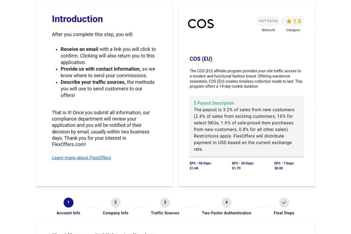 COS (EU) affiliate program signup page