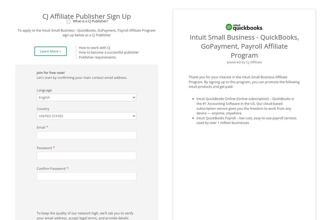 QuickBooks affiliate program signup page