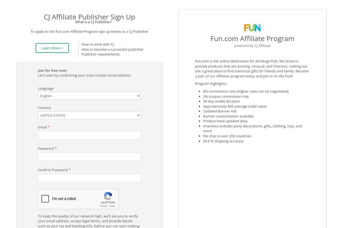 Fun.com affiliate program signup page