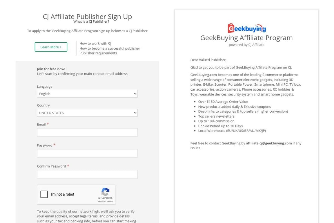 GeekBuying affiliate program signup page