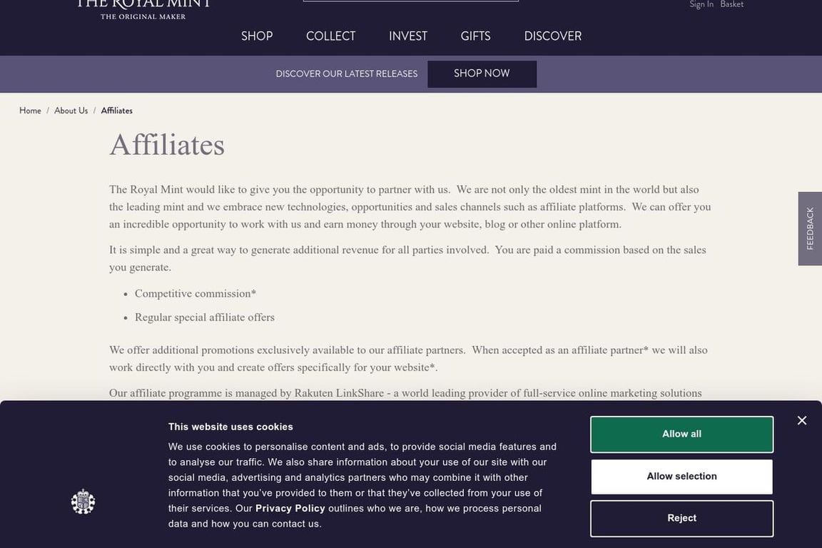 The Royal Mint affiliate program signup page