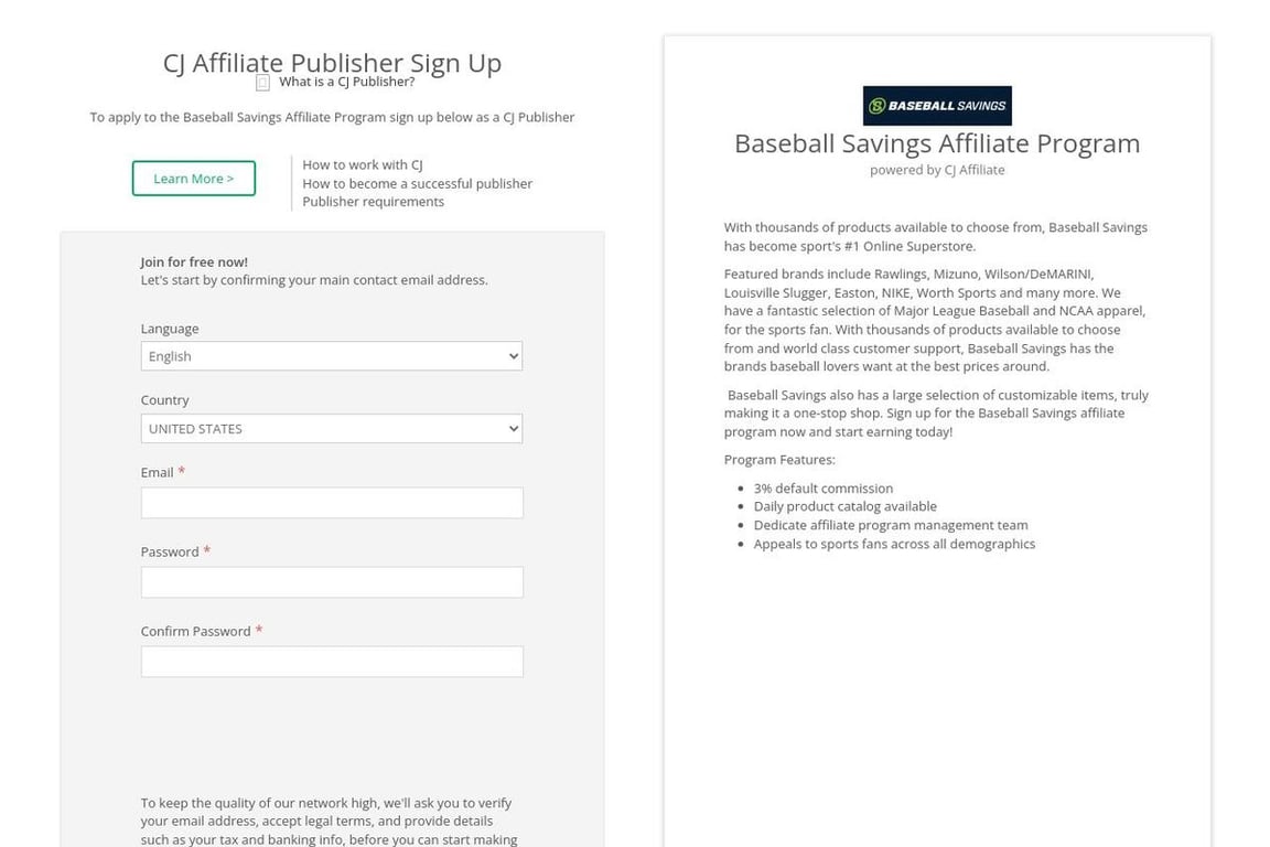 Baseball Savings affiliate program signup page