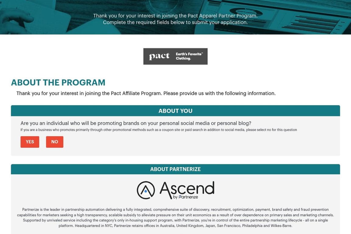 Pact Apparel affiliate program signup page