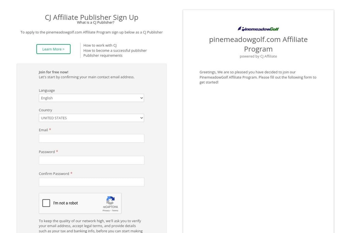 Pinemeadowgolf.com affiliate program signup page