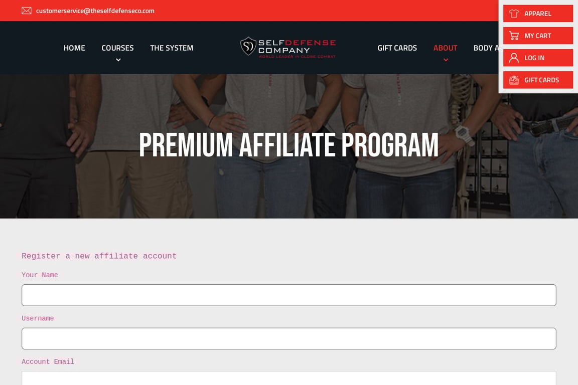 Self Defense Company affiliate program signup page