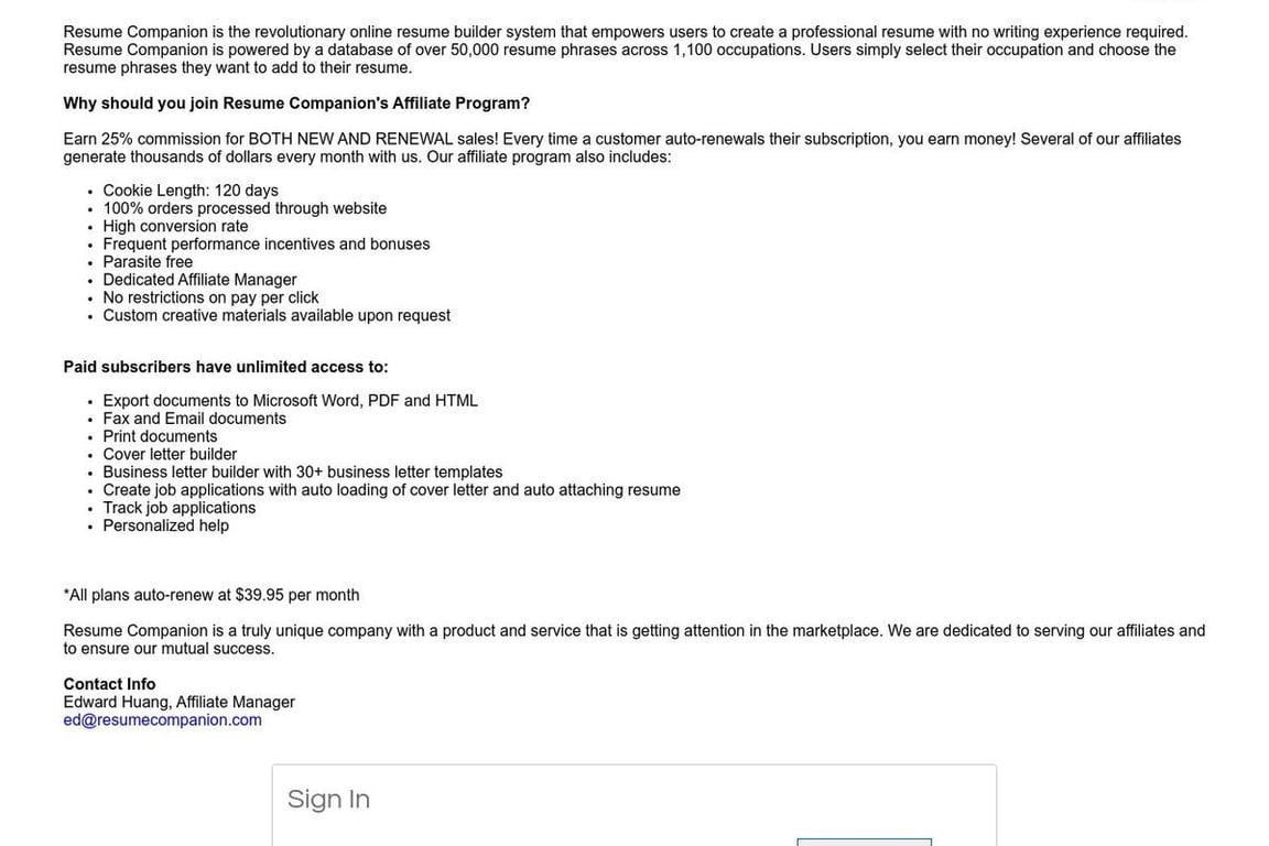 Resume Companion affiliate program signup page
