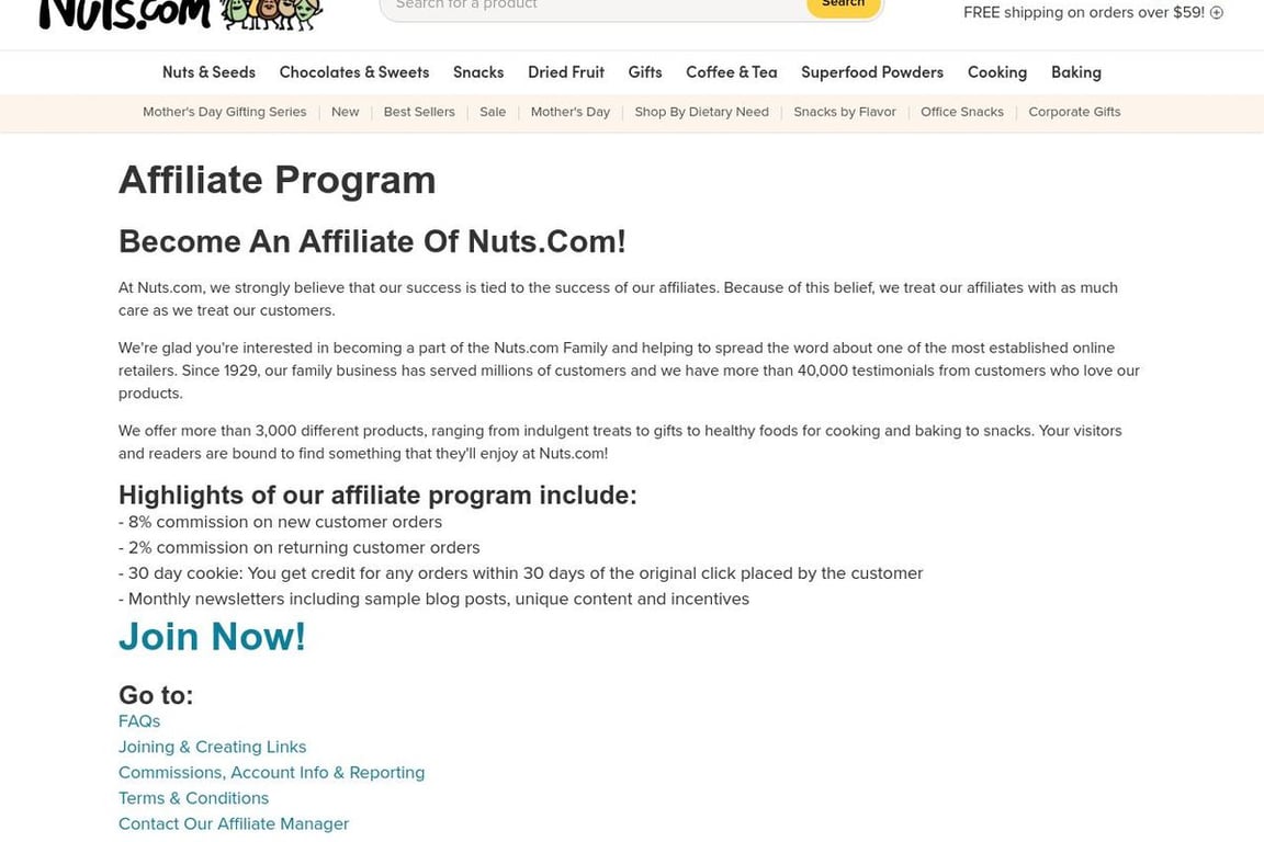 Nuts.com affiliate program signup page
