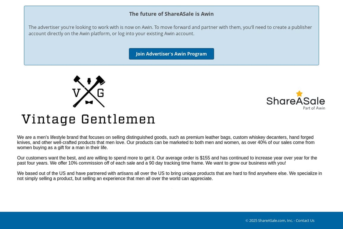 Vintage Gentlemen affiliate program signup page