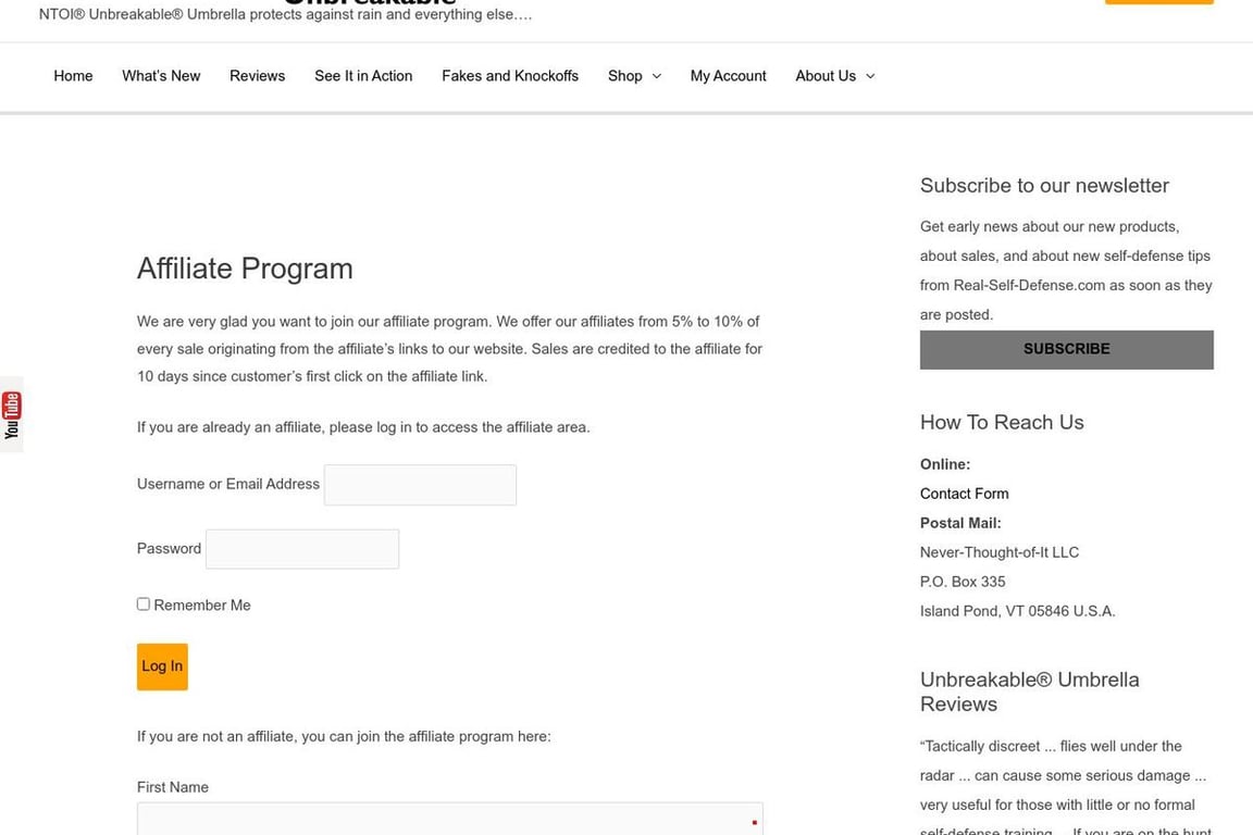 Unbreakable Umbrella affiliate program signup page