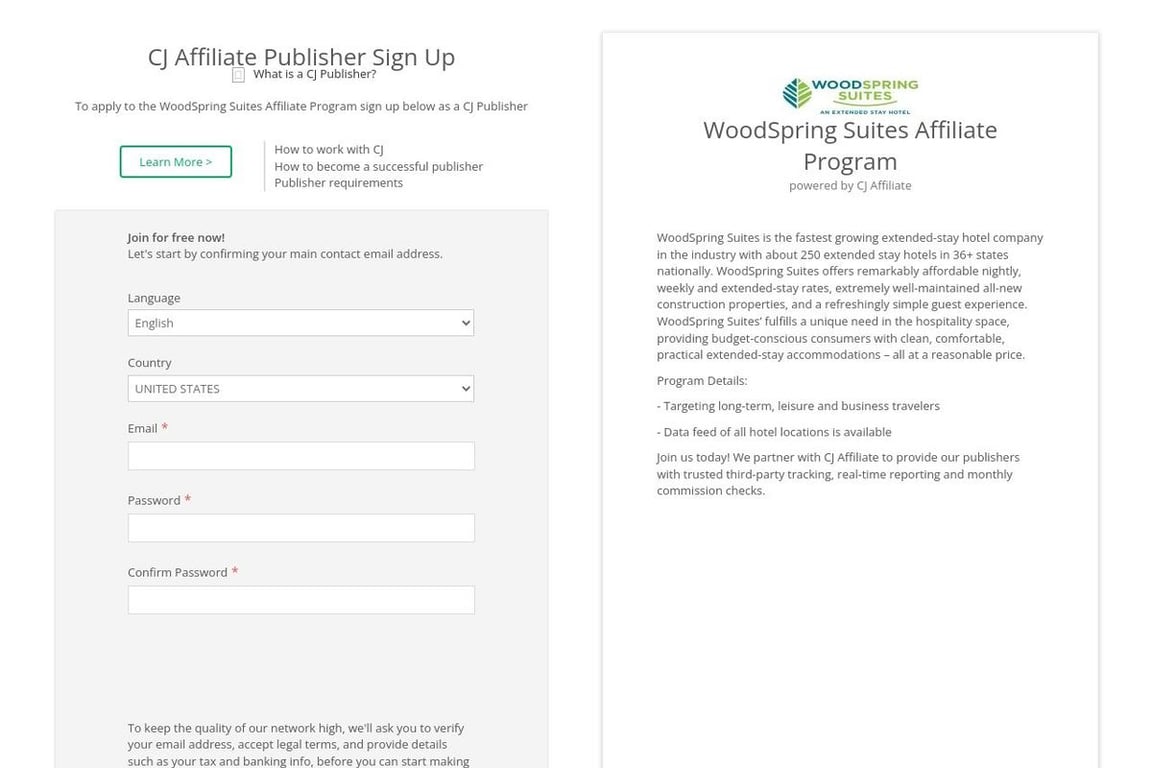 WoodSpring Hotels affiliate program signup page