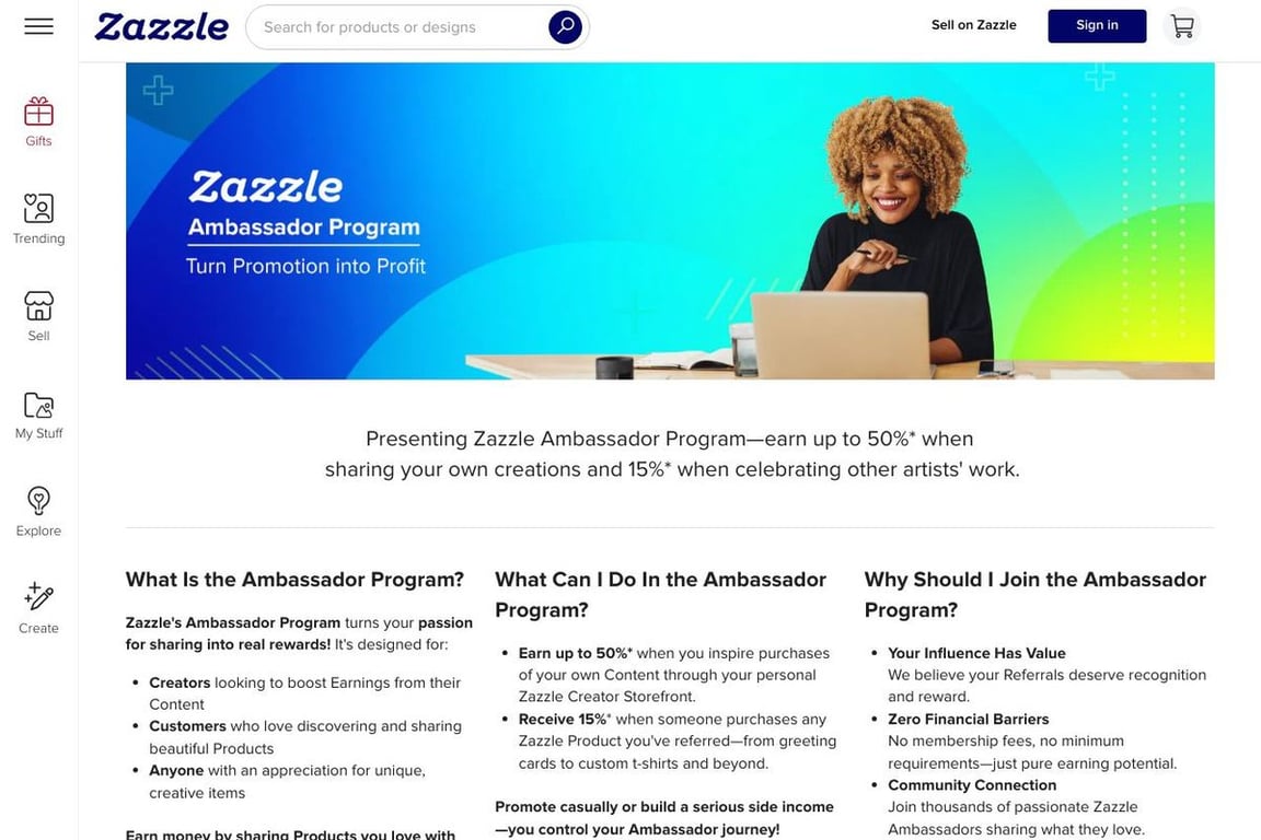 Zazzle affiliate program signup page