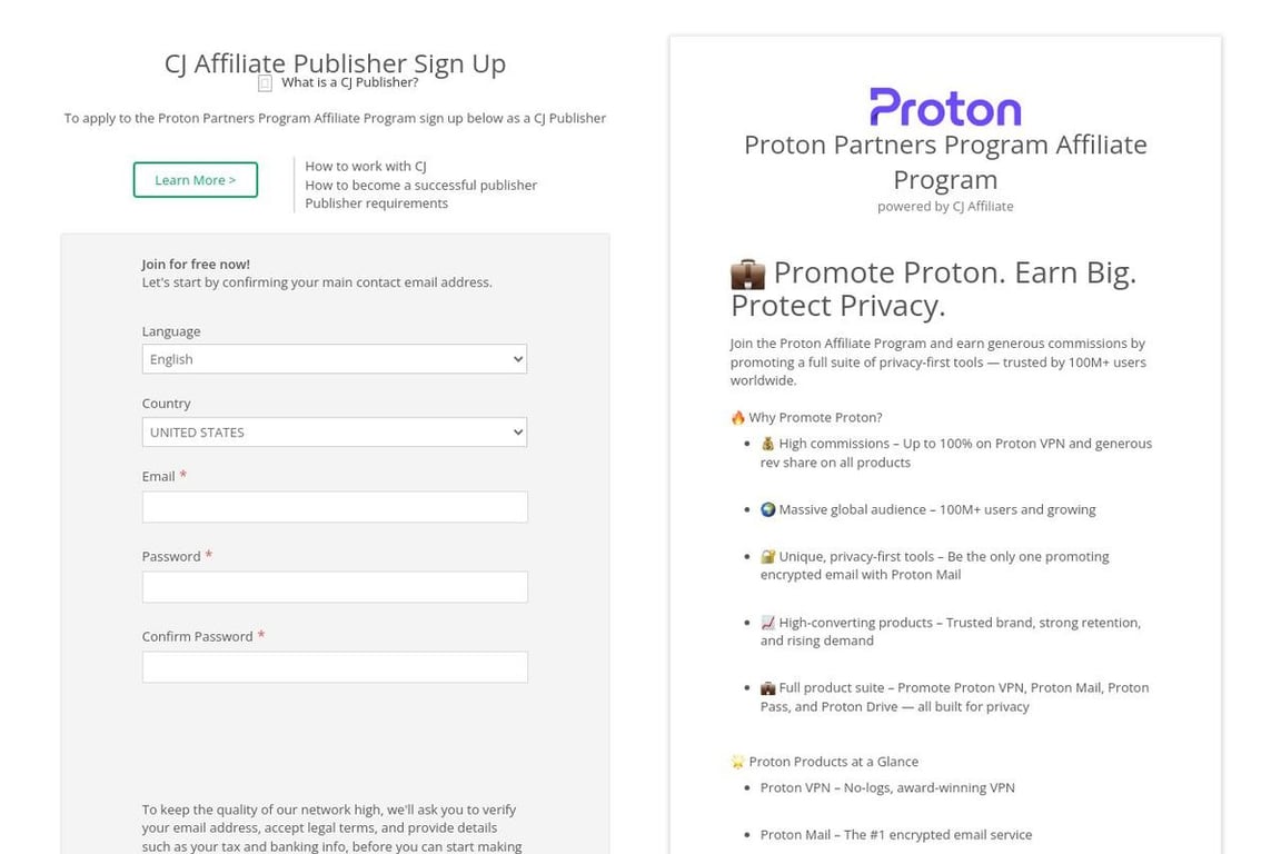 ProtonVPN affiliate program signup page