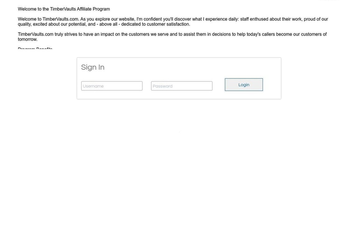 Timbervaults affiliate program signup page