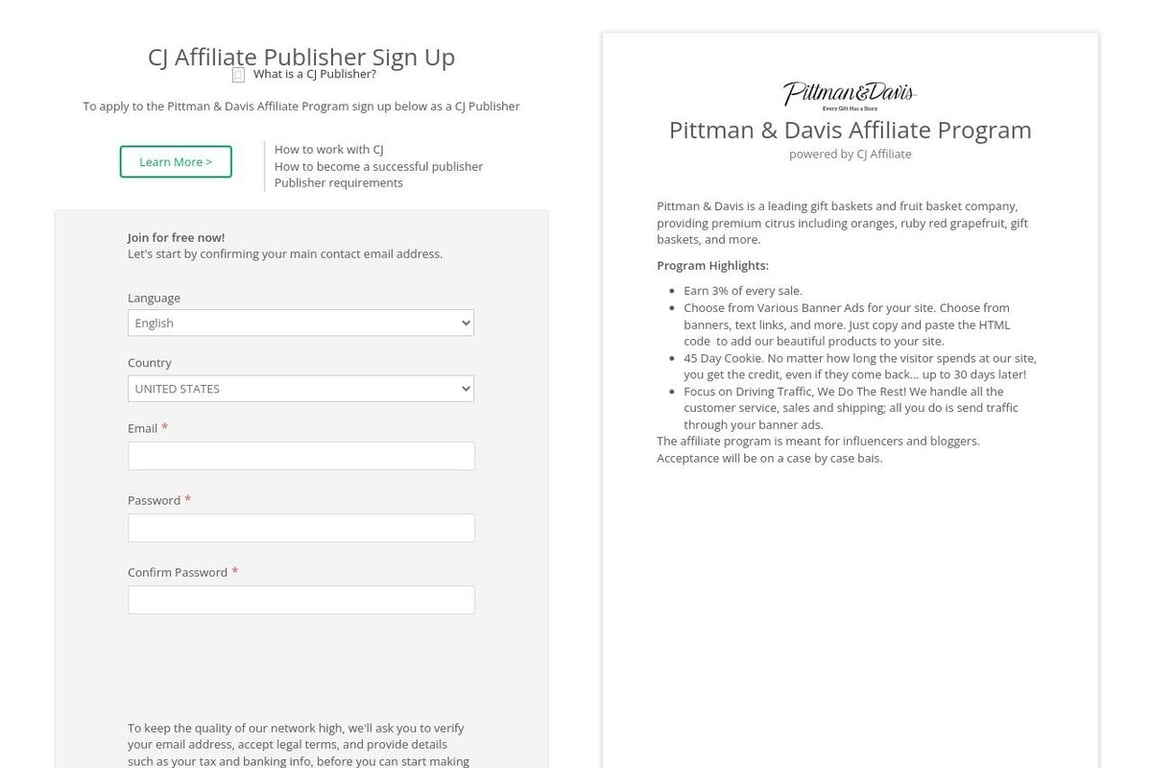 Pittman & Davis affiliate program signup page