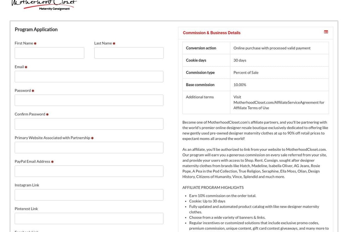 Motherhood Closet affiliate program signup page
