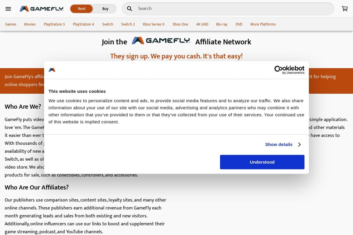 GameFly affiliate program signup page