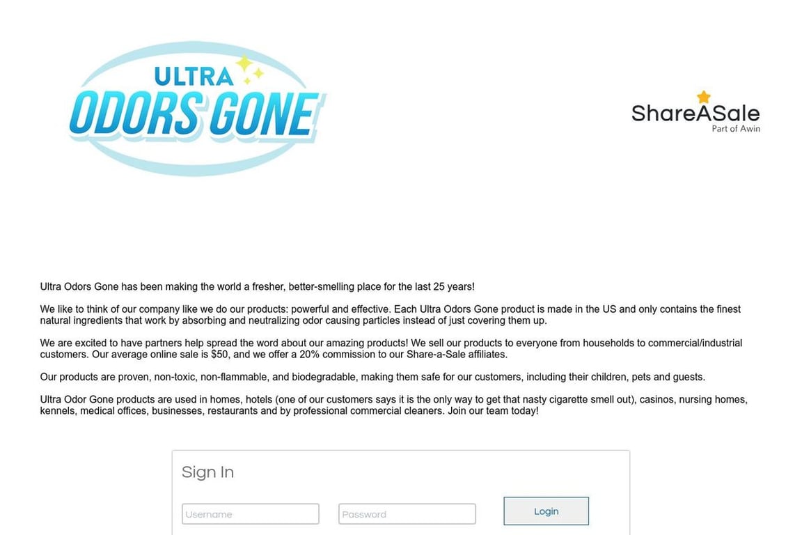 Ultra Odors Gone affiliate program signup page