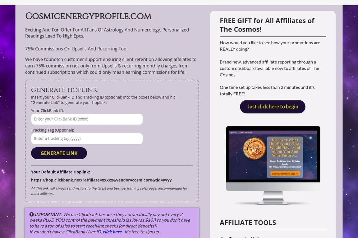 Cosmic Energy Profile affiliate program signup page
