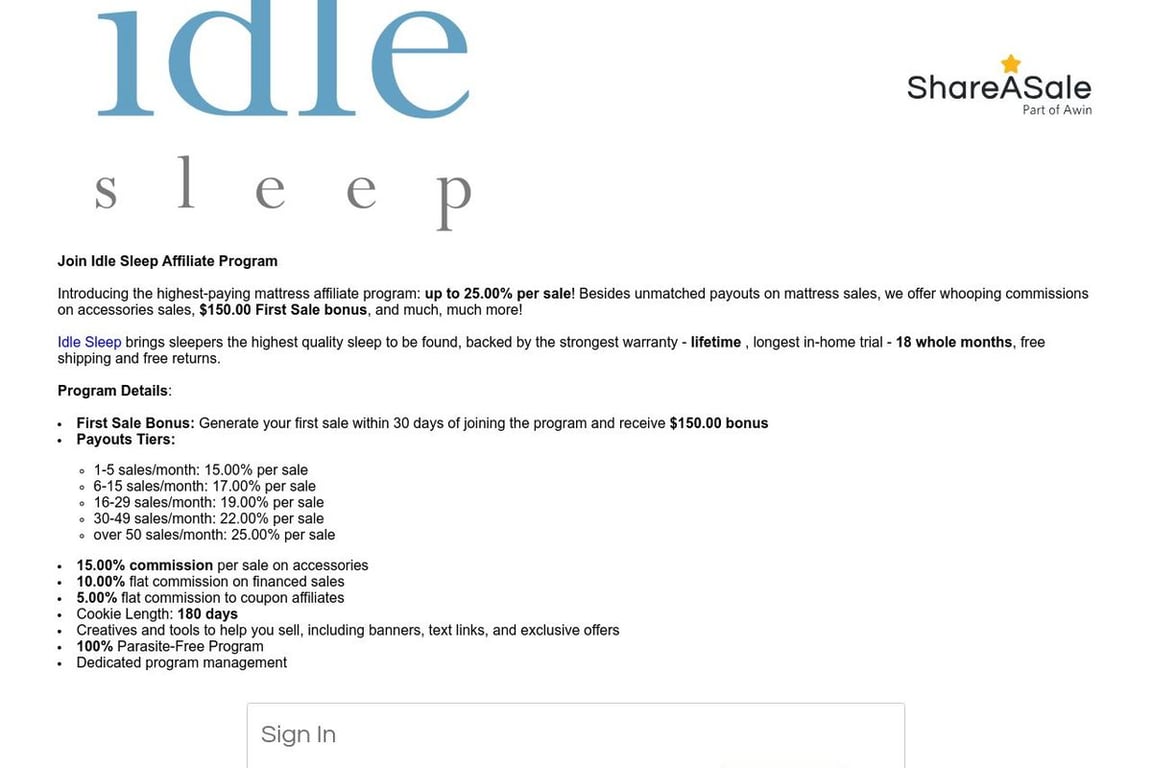 Idle Sleep affiliate program signup page