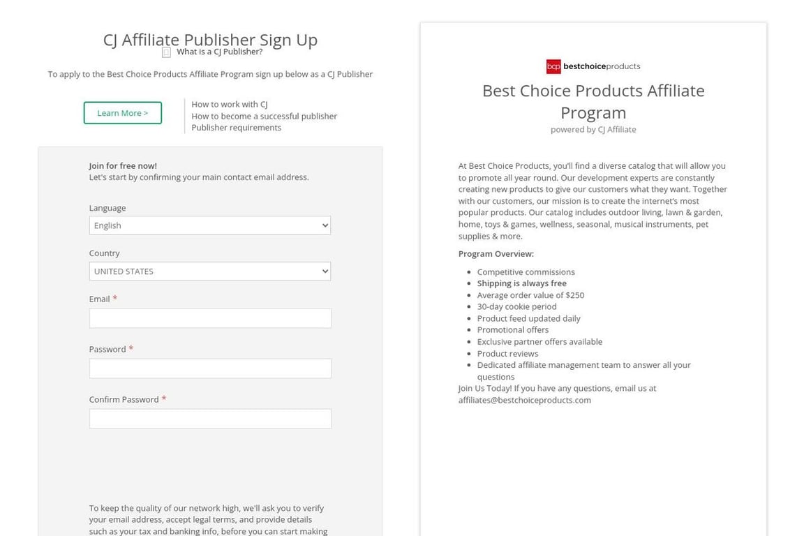 Best Choice Products affiliate program signup page