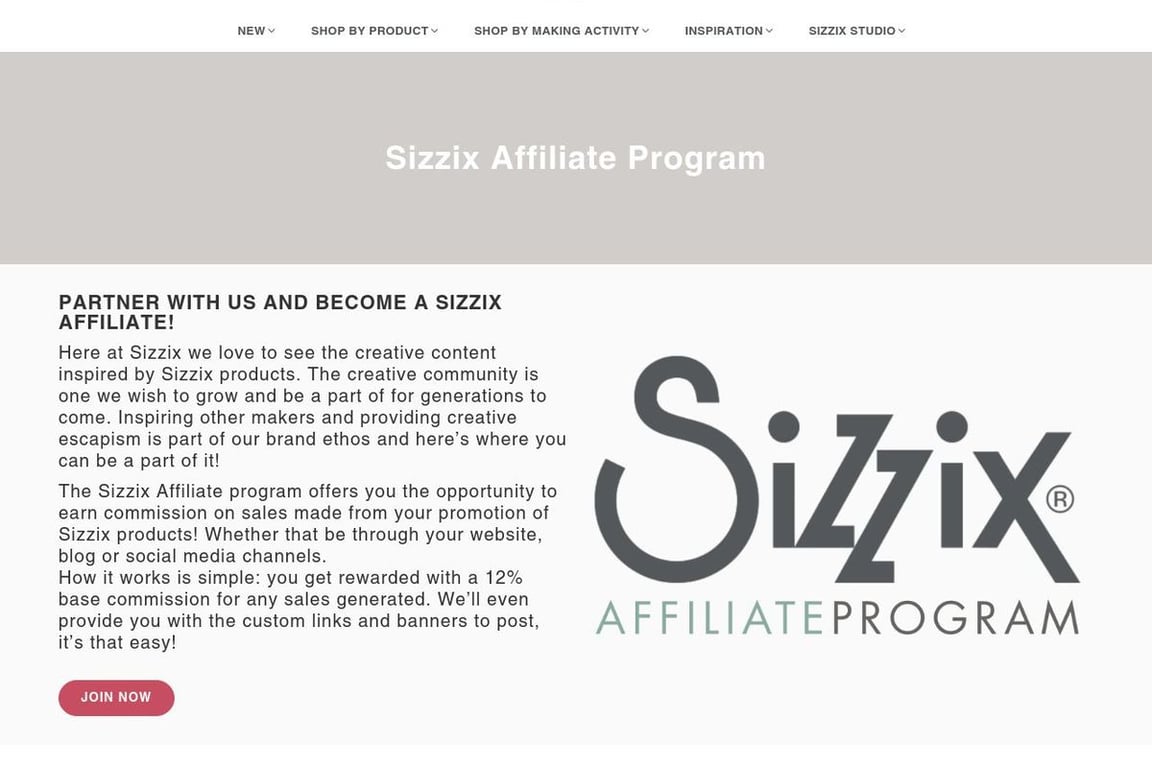 Sizzix affiliate program signup page