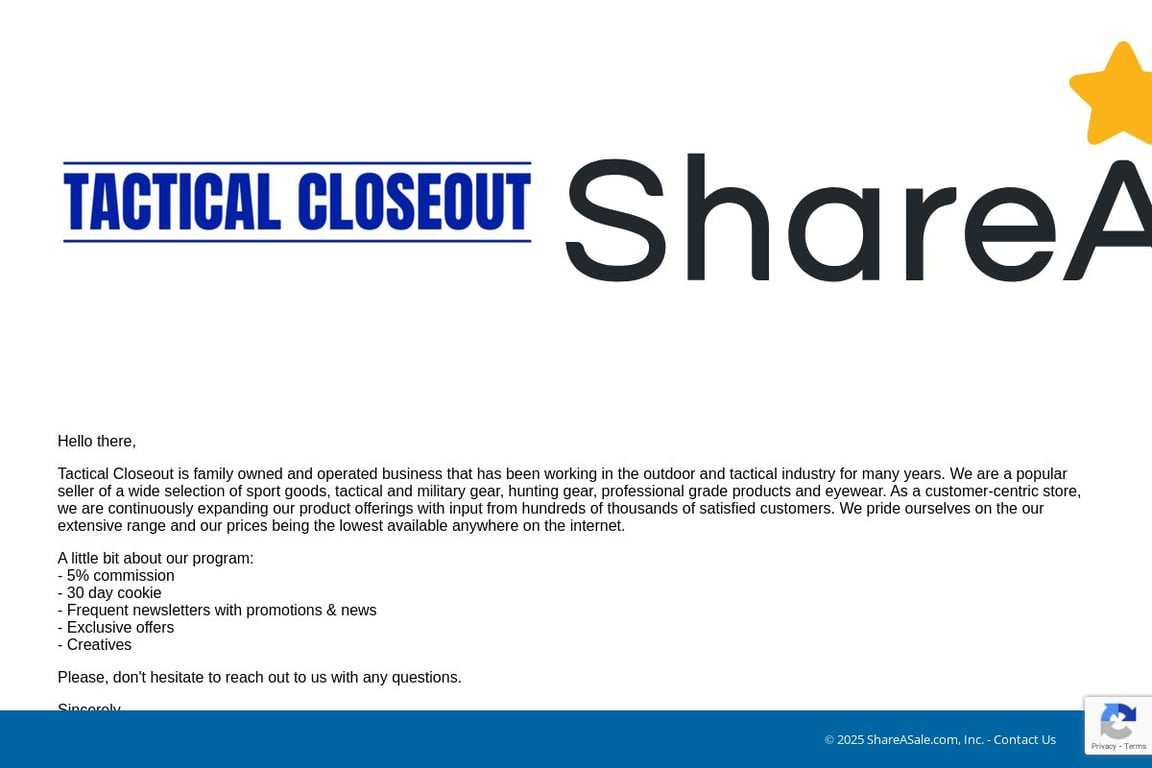 Tactical Closeout affiliate program signup page